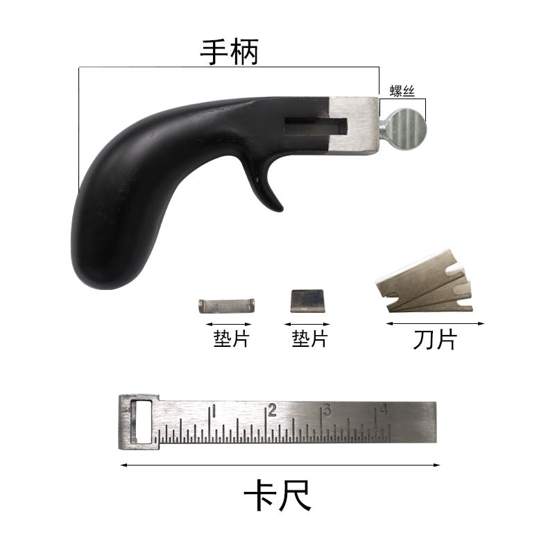 Leather strap cutter tool with black handle, blade inserts, and length ruler scale