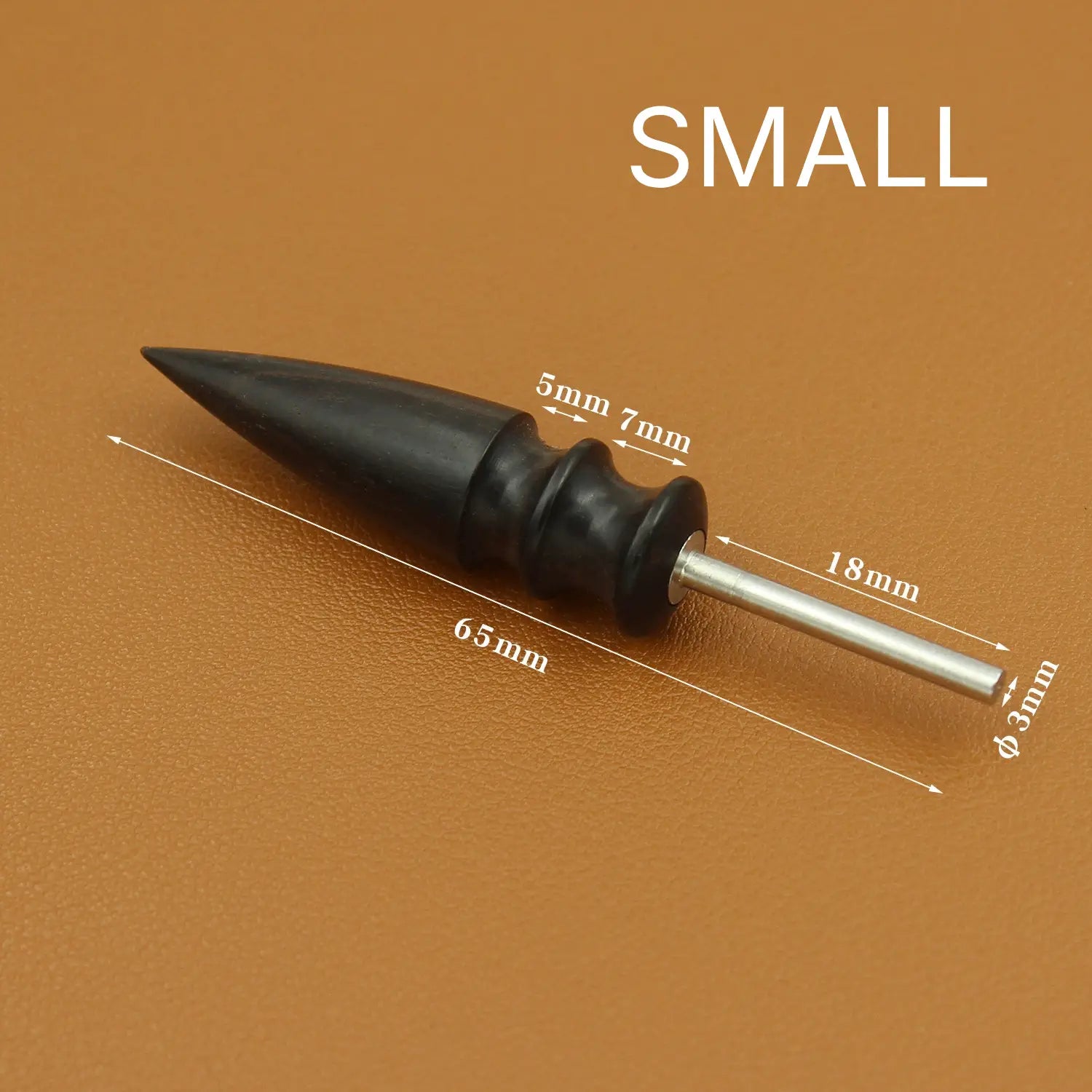Small leather edge burnishing grinding head with dark pointed polishing tip and metal shank