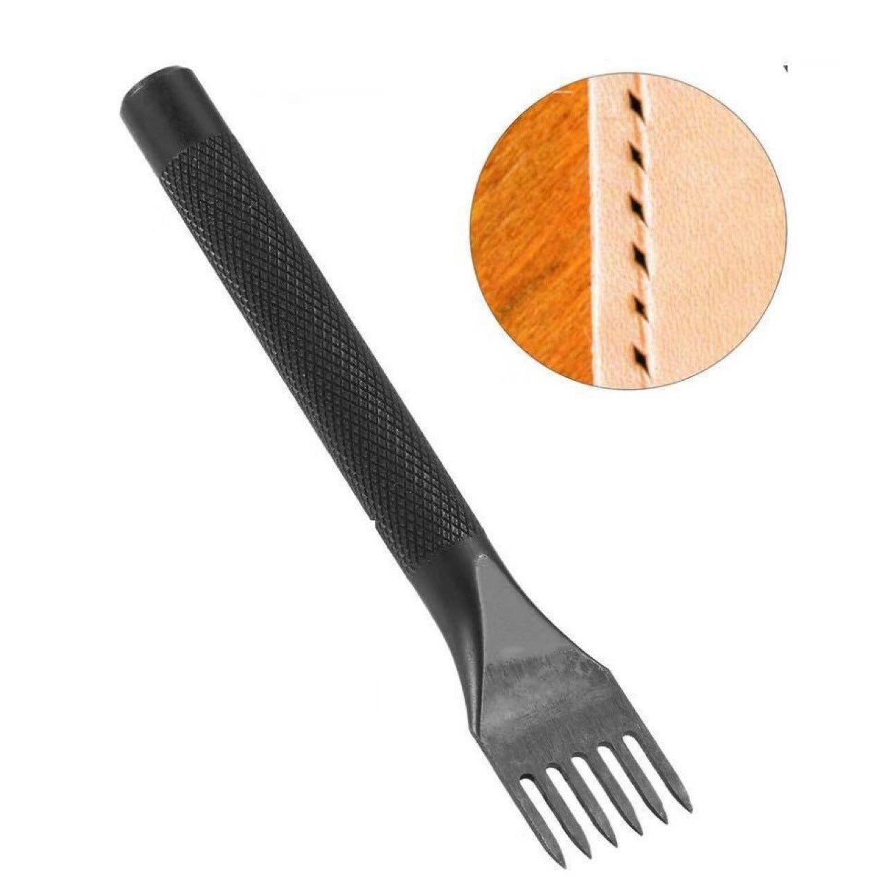 Black round-handle leather chisel with forked prong blade