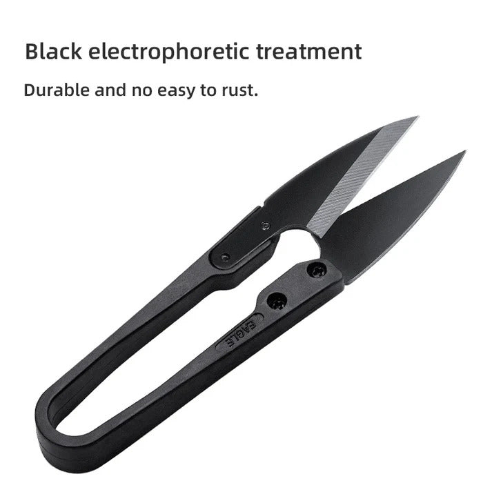 U-shaped thread cutter nippers with black handles and two pointed blades, side view