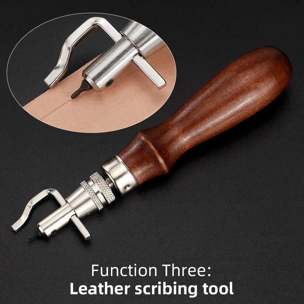 Leather scribing and grooving tool with brown wooden handle and steel heads