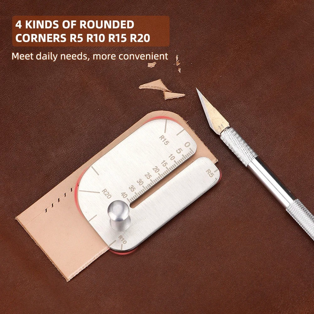 Leather stitching punch guide with engraved curved scale and leather cutting template