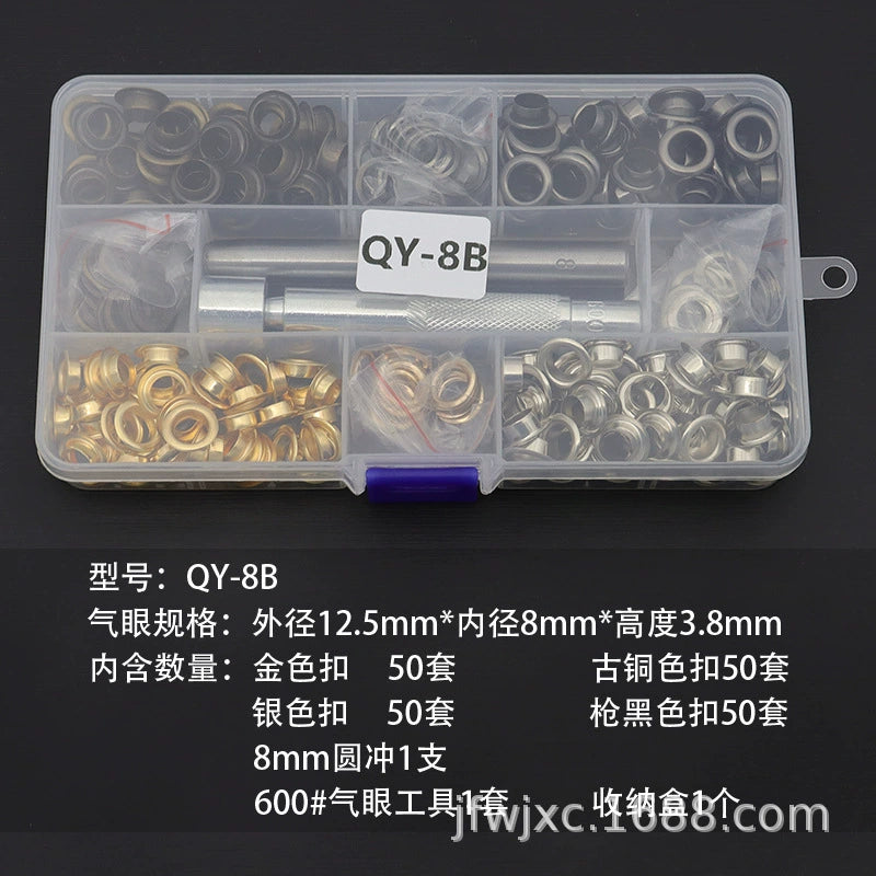 Eyelet and grommet kit in clear storage case with gold and silver rings and punch