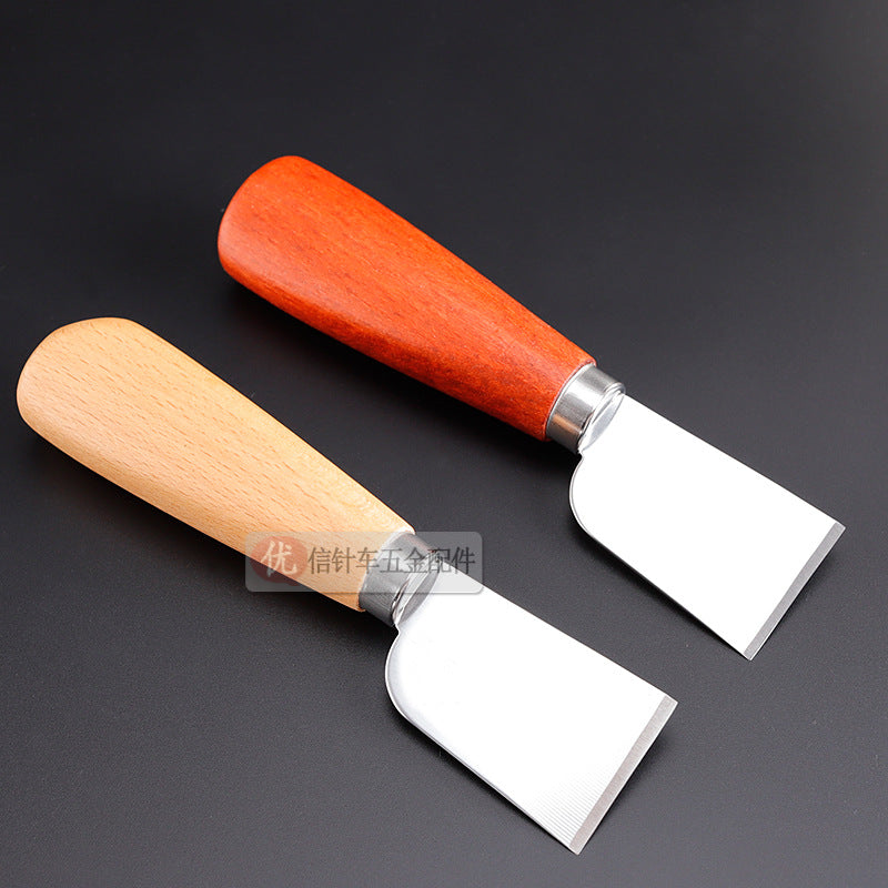 Leather Skiving & Cutting Knife, Tool Steel Blade with Beech Wood Handle, 37mm Wide, 10° Bevel, Mirror-Polished, Red or Natural Handle