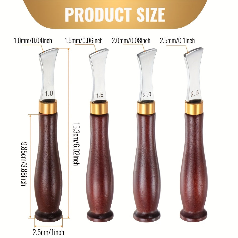 Set of four leather edge creaser tools with different blade widths and dark wood handles