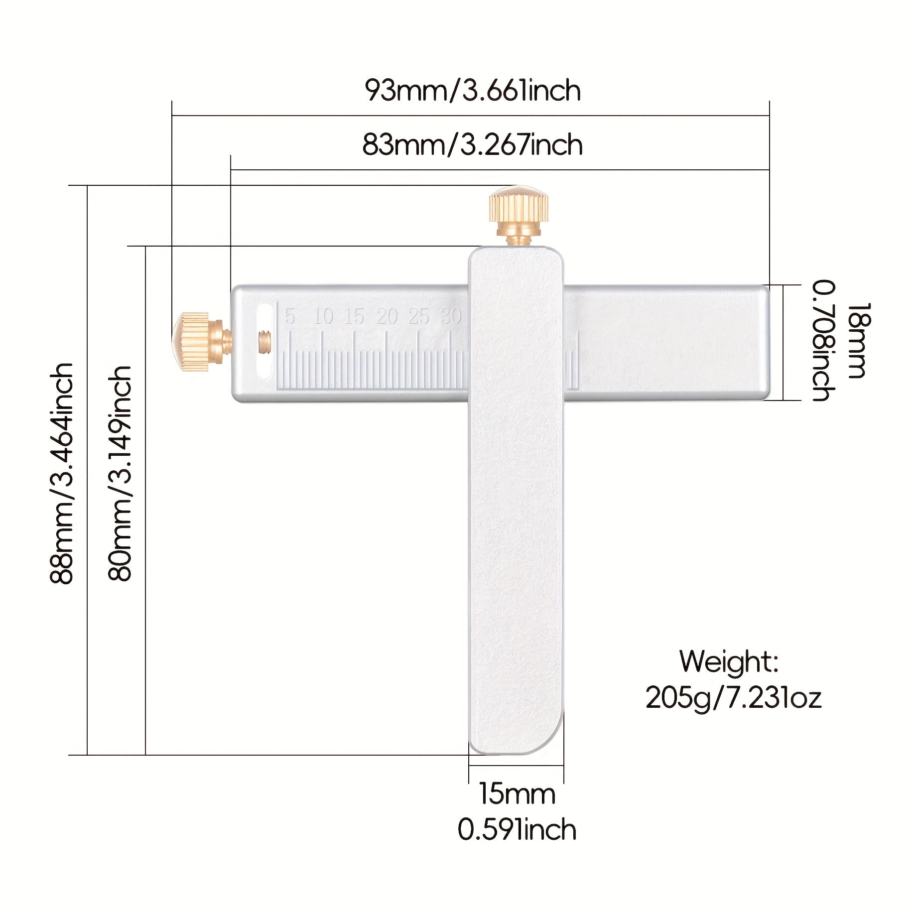 Dimension diagram for aluminum strap cutter, with measurements and weight