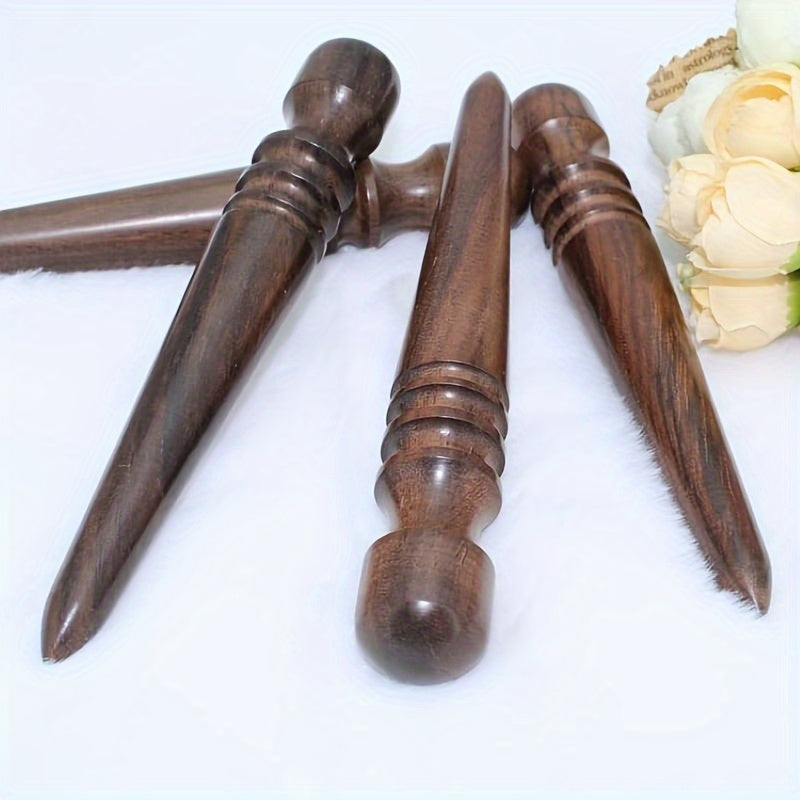 Wooden leather edge burnisher set with rounded tips and stacked ring details