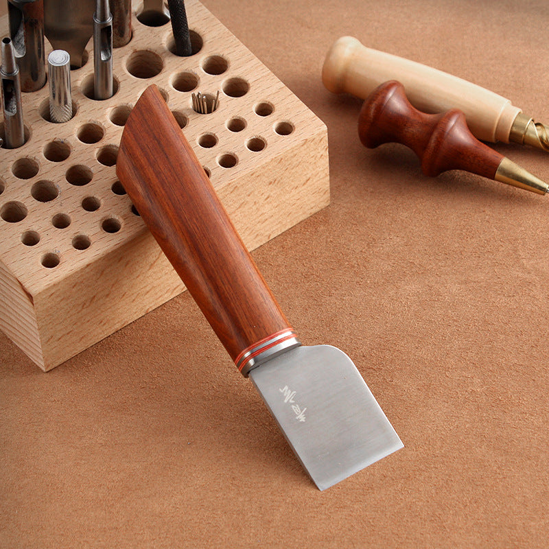 Leathercraft thumb knife with rosewood handle, flat 36mm steel blade and brass-tipped tool
