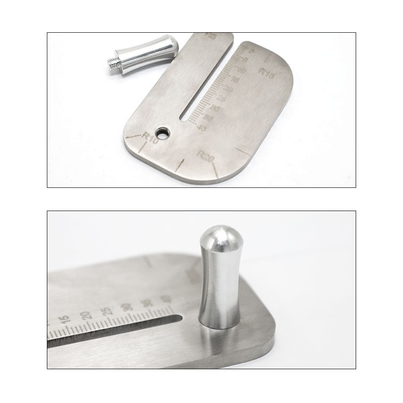 Leather stitching punch guide tool with engraved scale and round hole for alignment