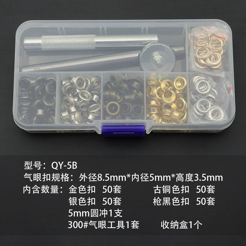 Metal eyelet and grommet tool set in clear storage case with rings and installation punch