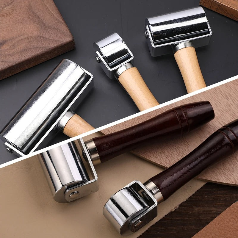Leather roller press set with chrome rollers and wood handles (light and dark)