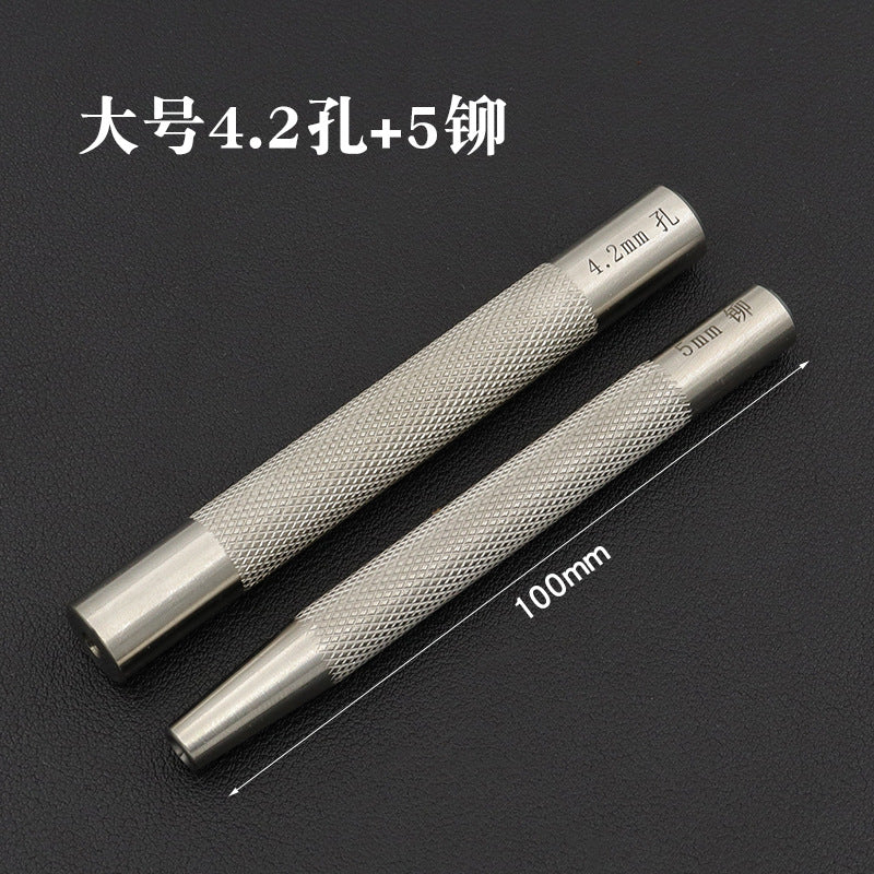 Rivet setting tool pair with textured silver barrels and marked sizing near the top