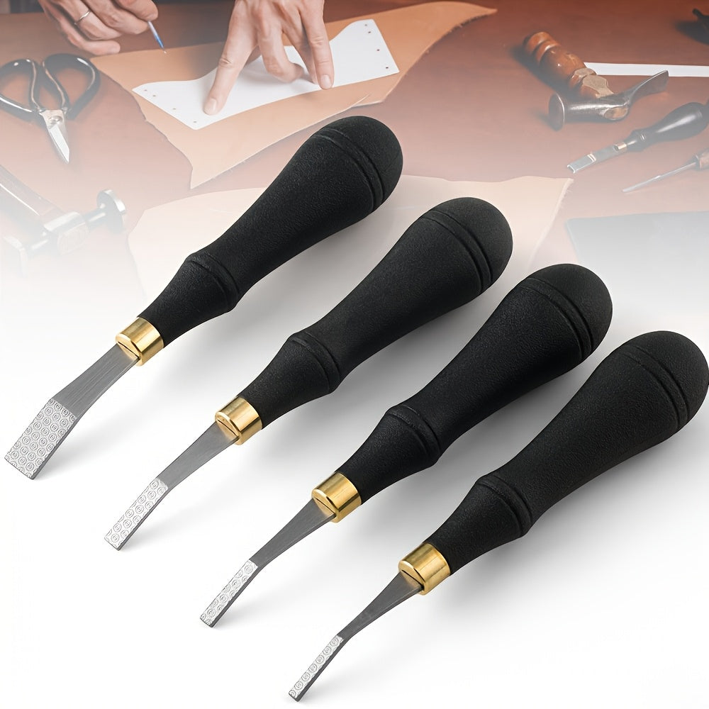 Leather roughing file tools laid out: black grips, gold ferrules, textured gray tips