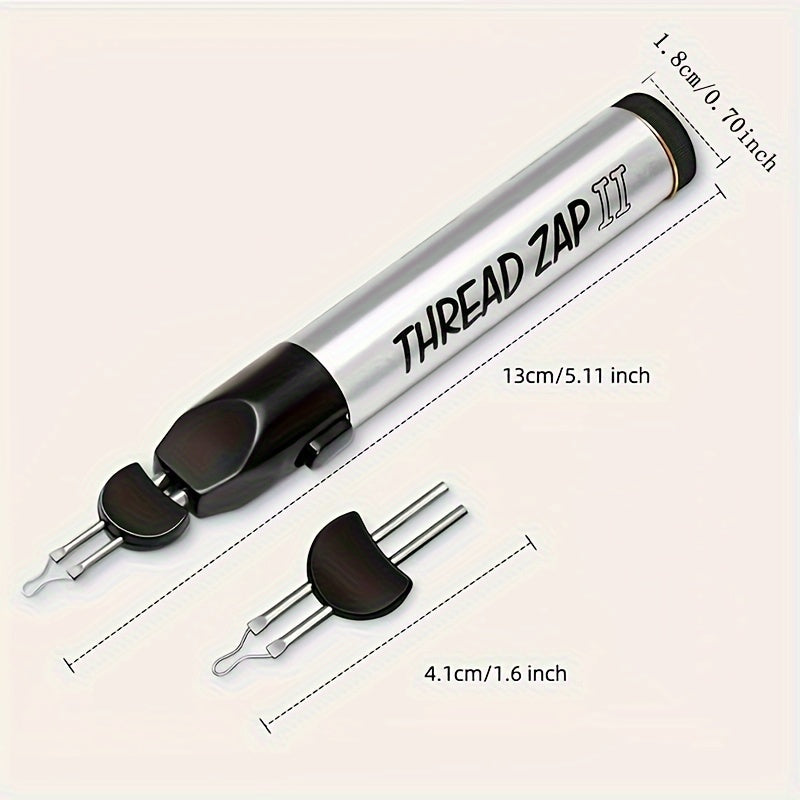 Thread burner pen with silver body, black grip, and two metal prong tips