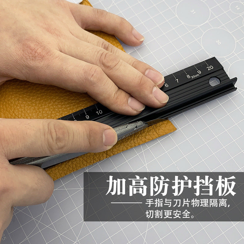 Black T-type anti-cut protective ruler with measurement markings and side guide notch