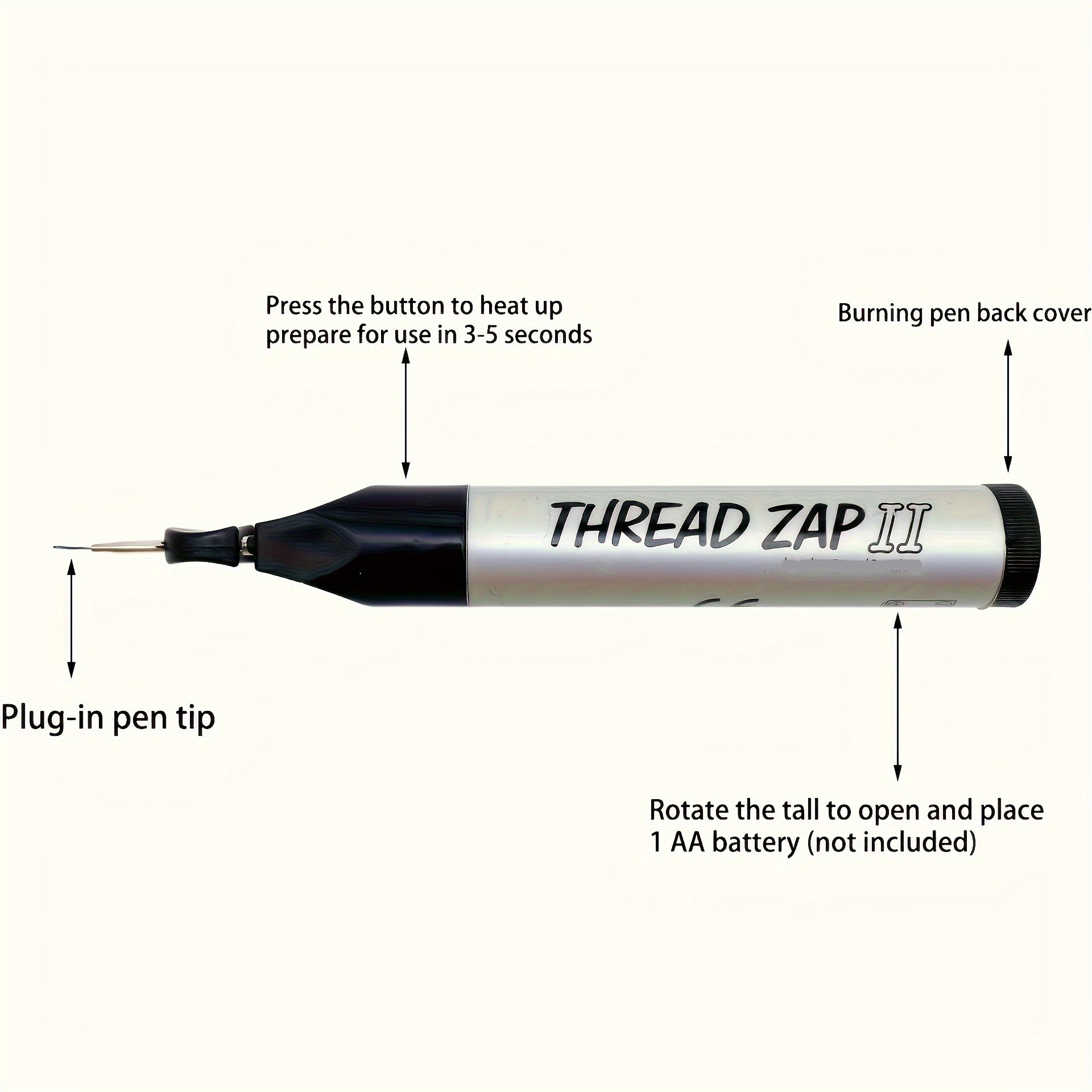 Thread burner pen with black nozzle and silver body, plug-in pen tip