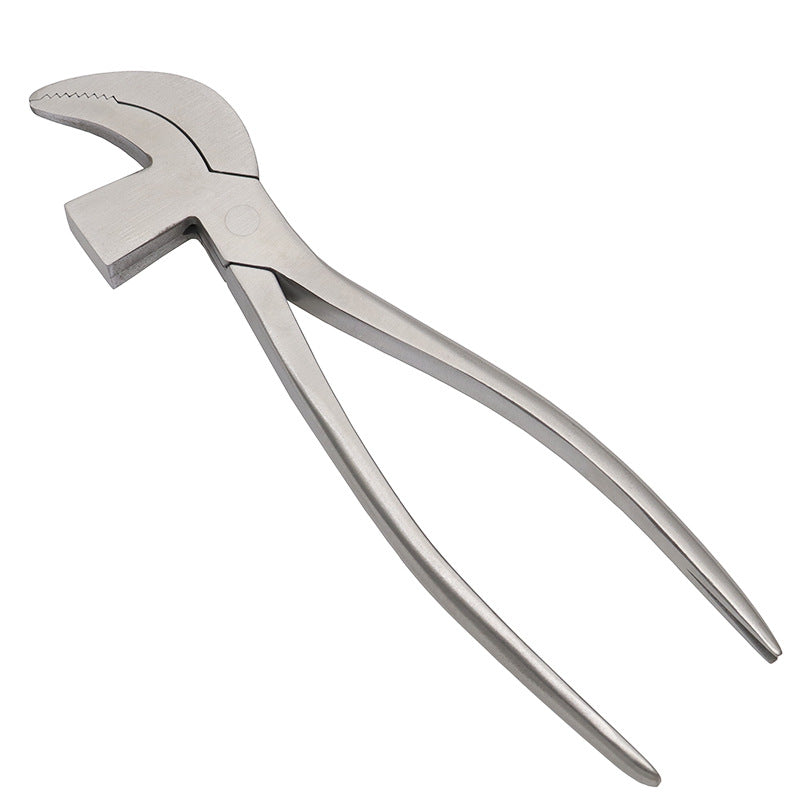 Stainless steel bird-nose pliers, full tool with beak-shaped front jaw