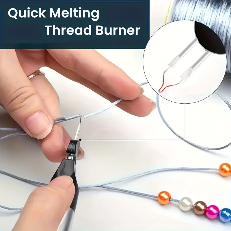 Thread burner tool with metal heating tip and prong attachment near fabric