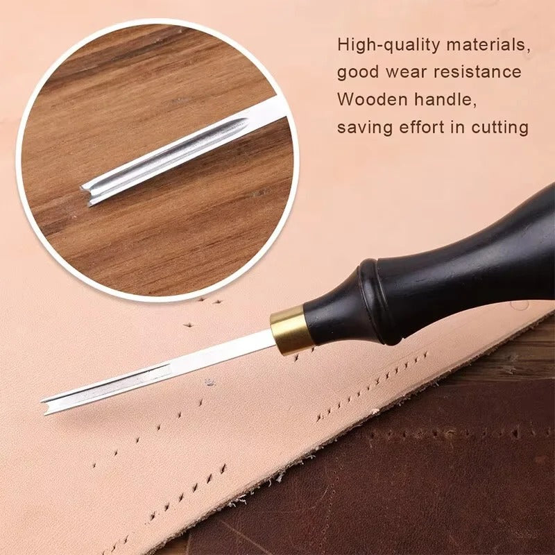 Leather skiving edge tool with wide metal blade and dark wooden handle