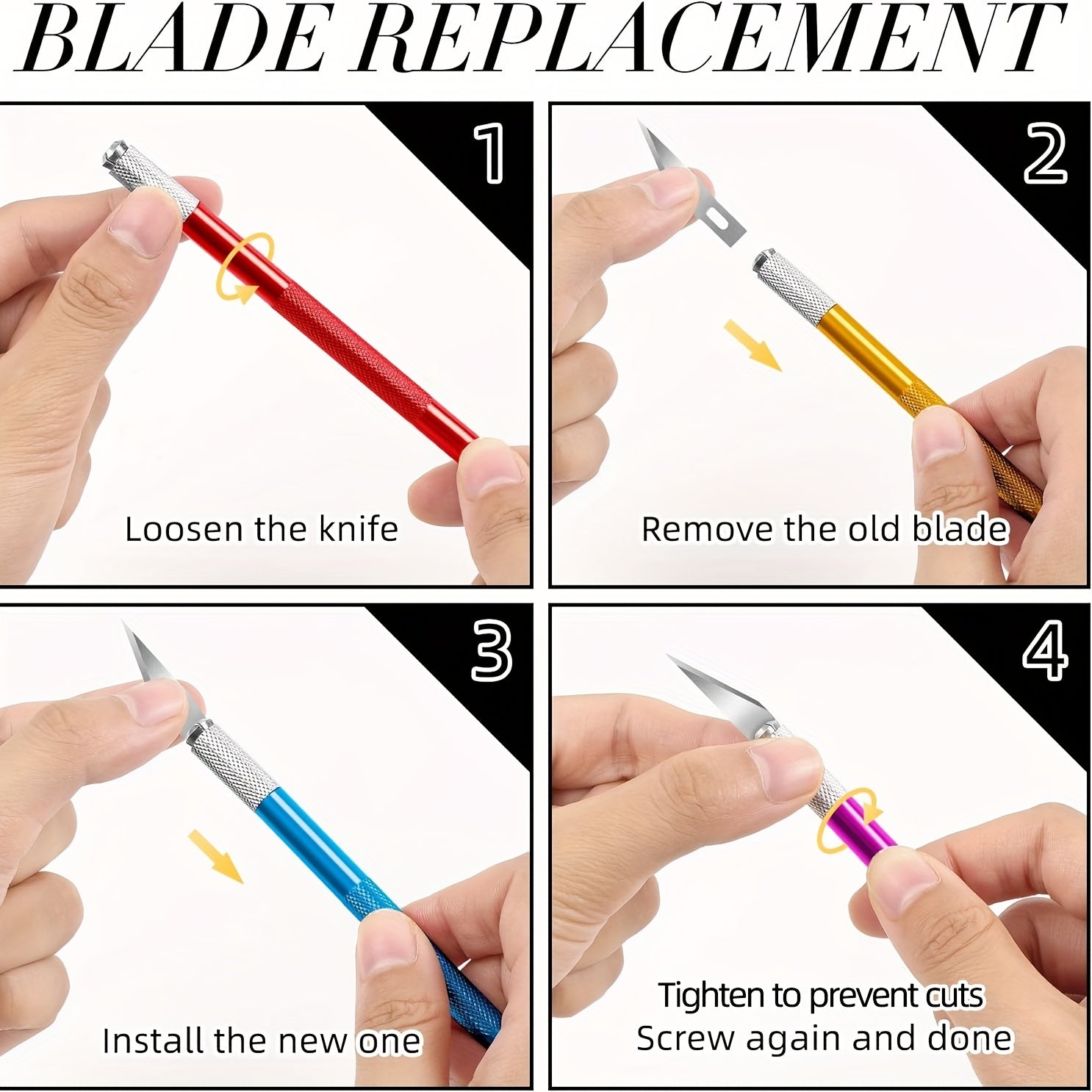 Precision craft knife blade replacement steps, showing loosening and reinstalling blade
