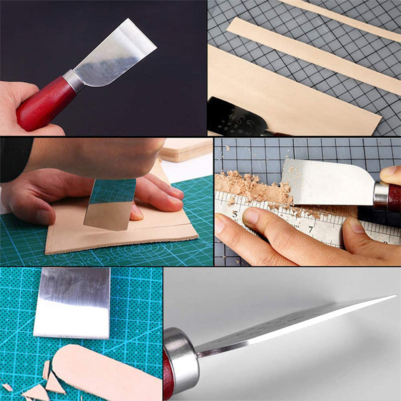 Leather cutting knife with wooden handle and steel blade shown cutting leather pieces