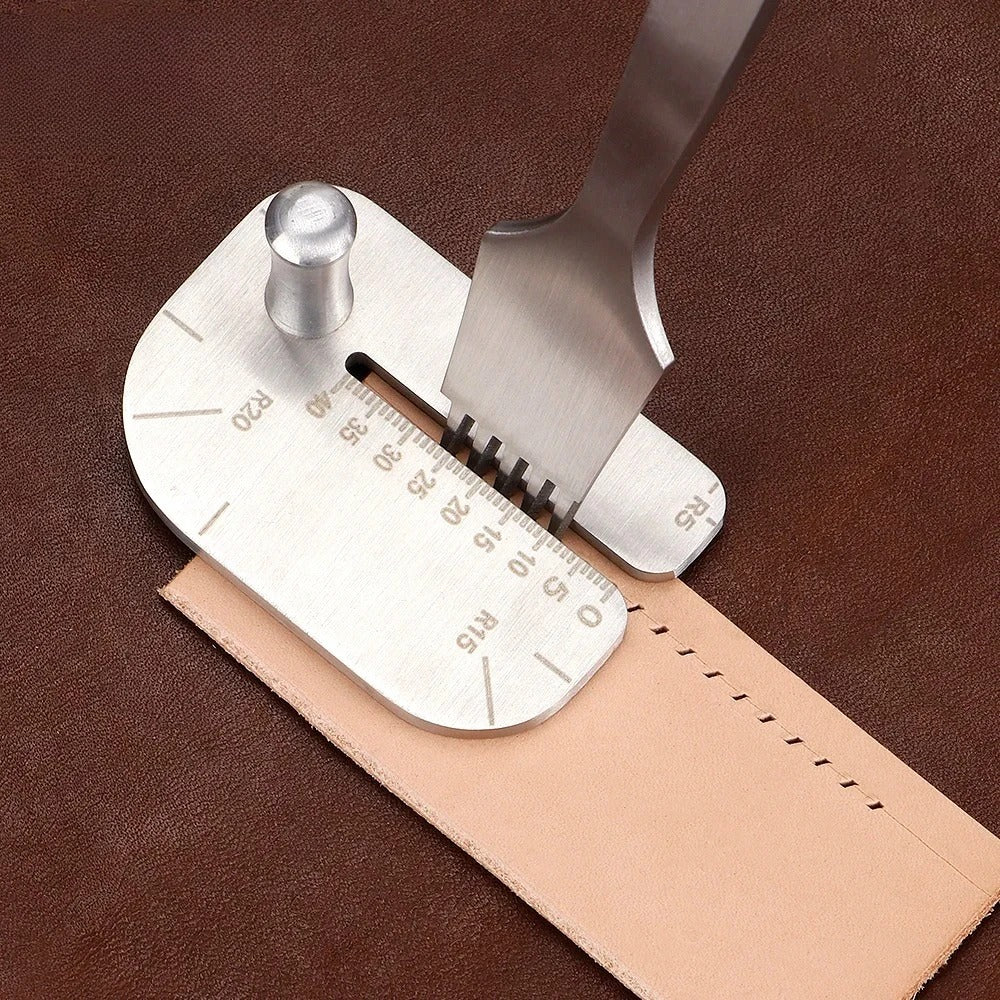 Metal leather stitching punch guide set on leather with guide edge and scale markings