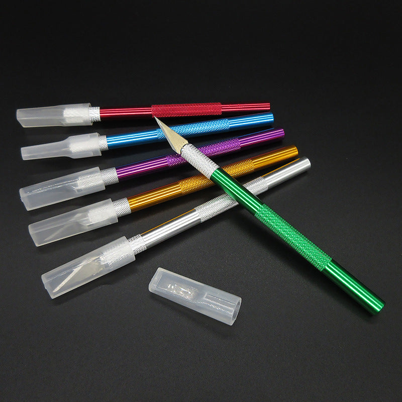 Precision craft knife set with 5 colored aluminum handles and No.11 blades