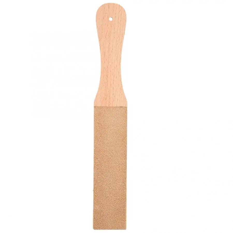 Leather sharpening strop with wooden handle and beige abrasive surface
