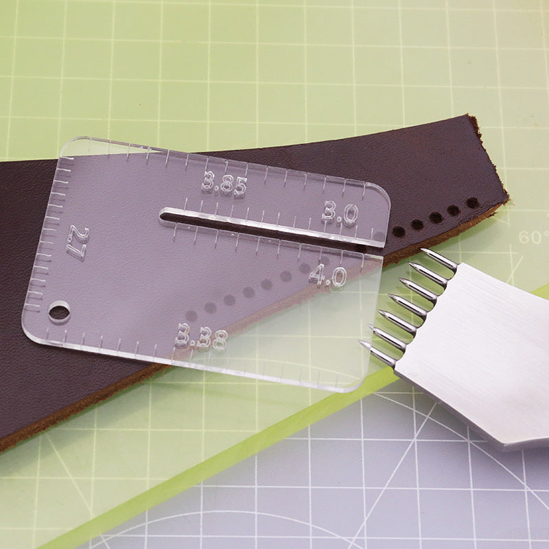 Purple and clear stitch spacing ruler templates with mm markings, plus metal puller tool