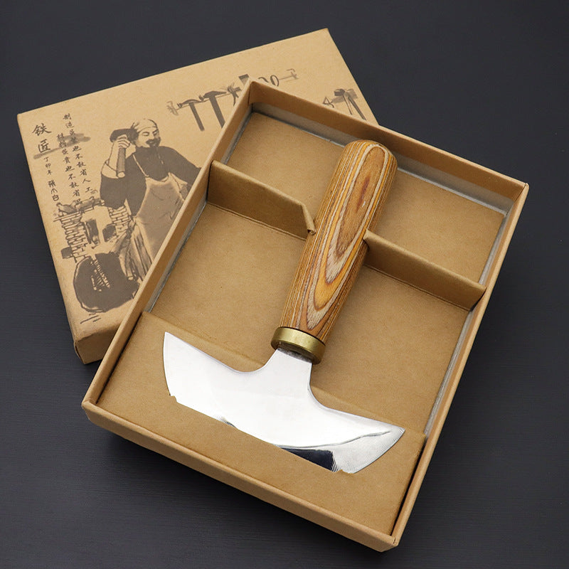 Half-round leather head knife in cardboard gift box, curved blade and wooden handle