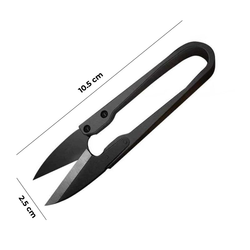 U-shaped thread cutter nippers with black loop handle and pointed blades