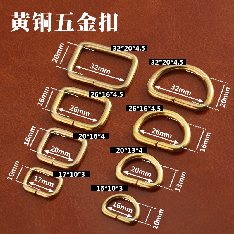 Brass square and D-ring buckles with labeled size dimensions