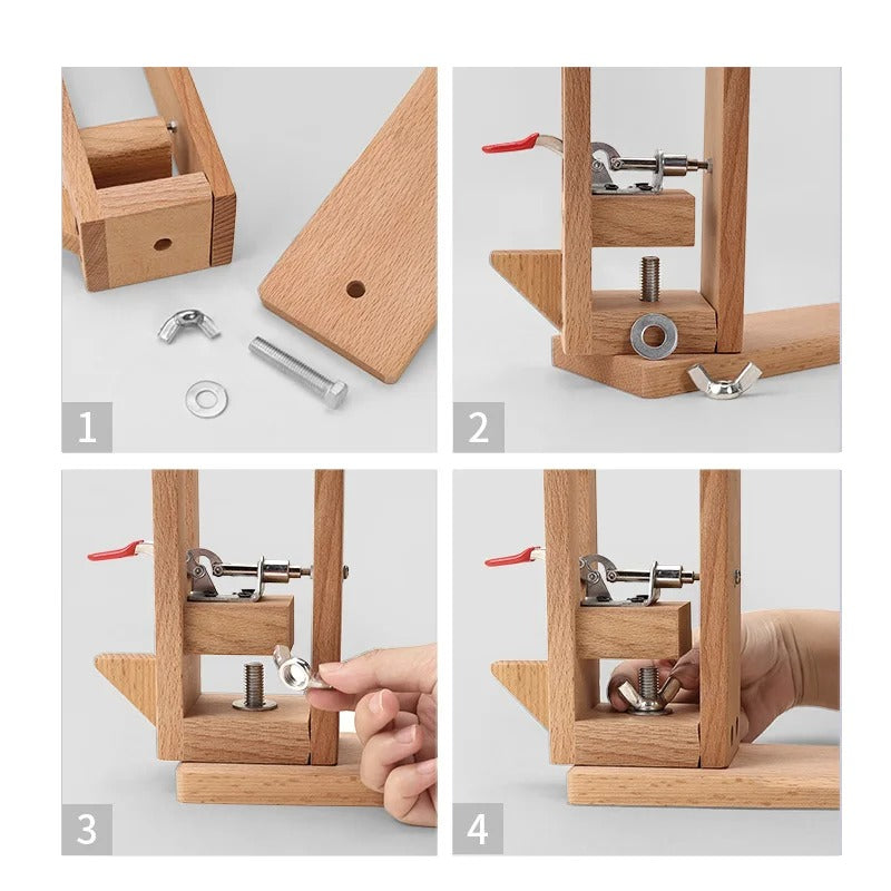 Leather stitching pony clamp parts and assembly steps, including screws and hardware