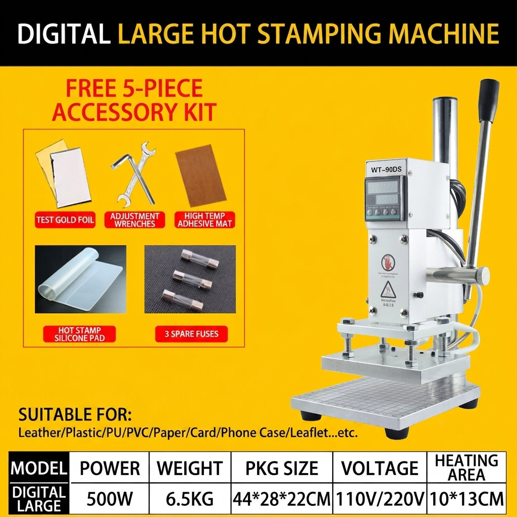 Digital hot stamping machine with LCD panel, tall press arm, metal base platform