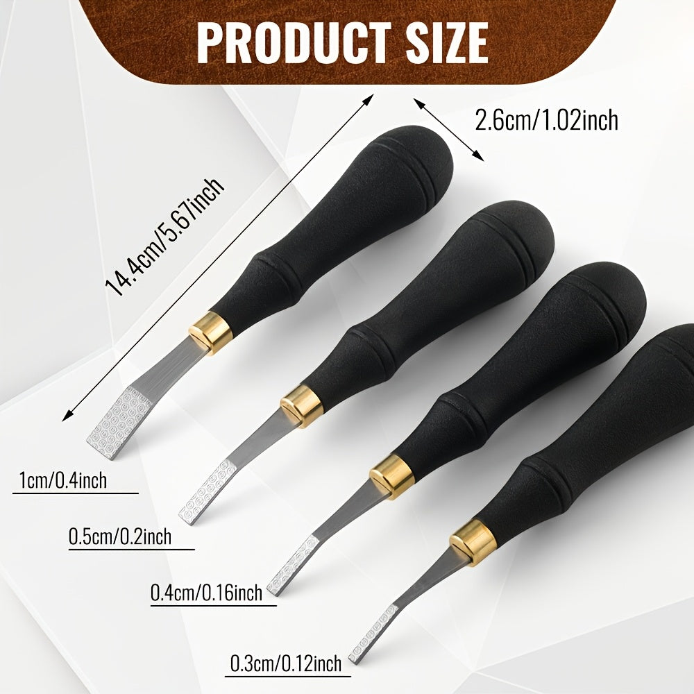 Leather roughing file tools, black handles with gold ferrules and gray abrasive blades