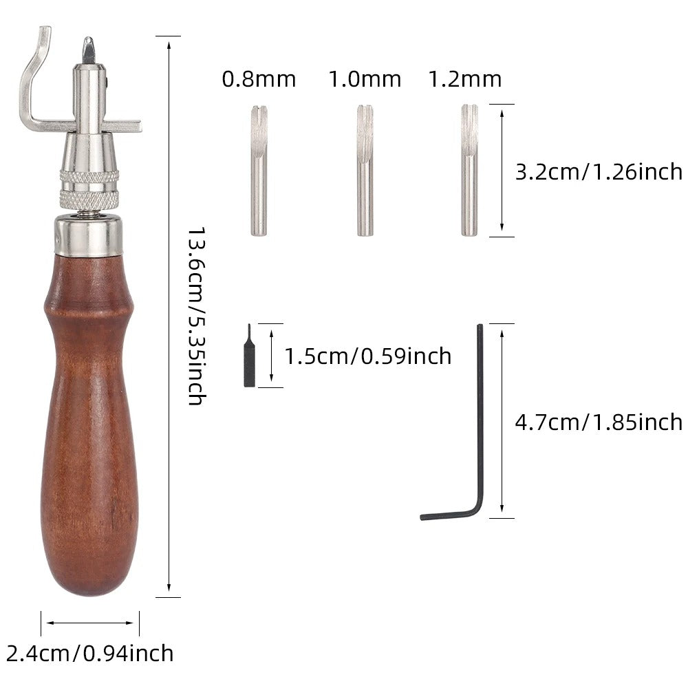 Leather grooving tool with wooden handle shown with size diagram and Allen wrench