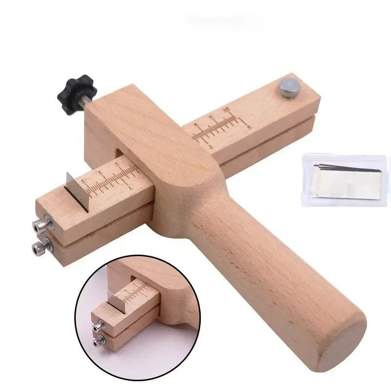 Wooden leather strap cutter with ruler scale, blade slot, and included blades