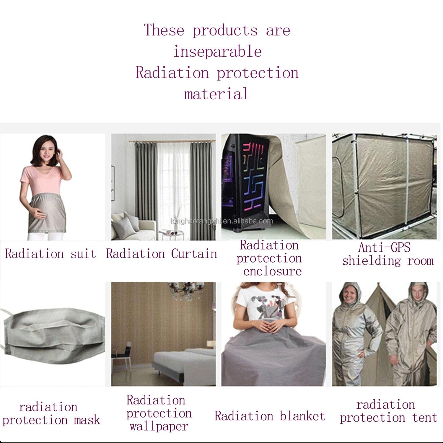 Light beige shielding fabric shown across multiple application scenes