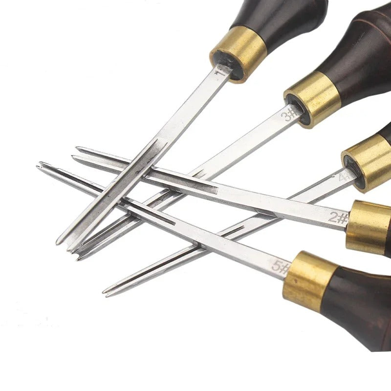 Wide mouth skiving blade tool with dark handles and multiple steel cutters