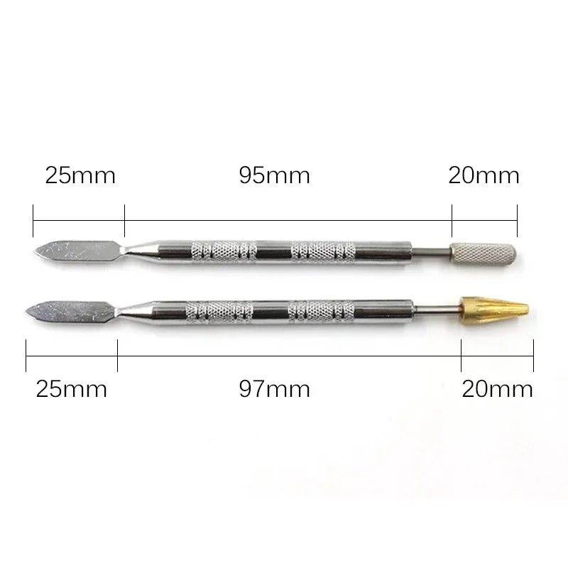 Leather edge oil pen pair with metal handles, angled tips, and textured grips