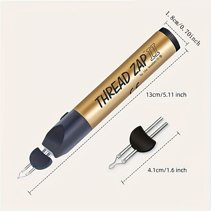 Thread burner pen with gold body, black nozzle, and metal prong heating tips