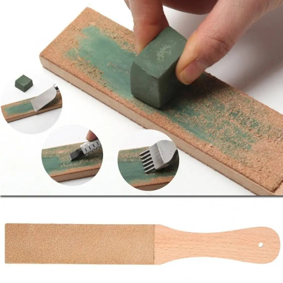 Leather strop with wooden handle and green compound applied to tan pad