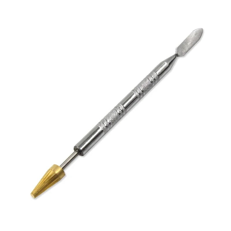 Leather edge oil pen with silver textured grip, angled metal tip, and gold conical nozzle
