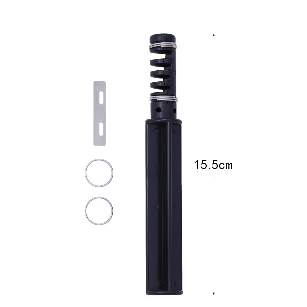 Black rope cutter tool with two metal rings and straight blade guide plate