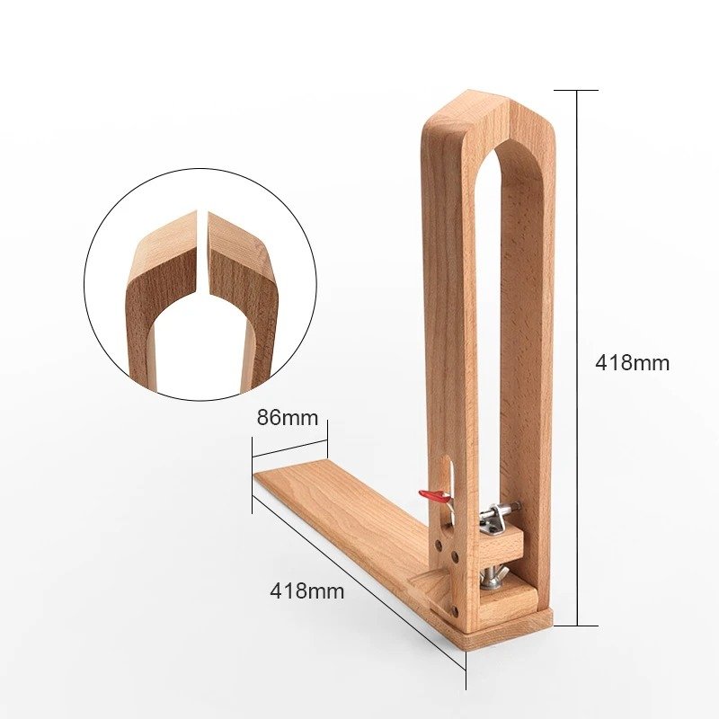 Beechwood stitching pony clamp with two posts and base, shown with size measurements