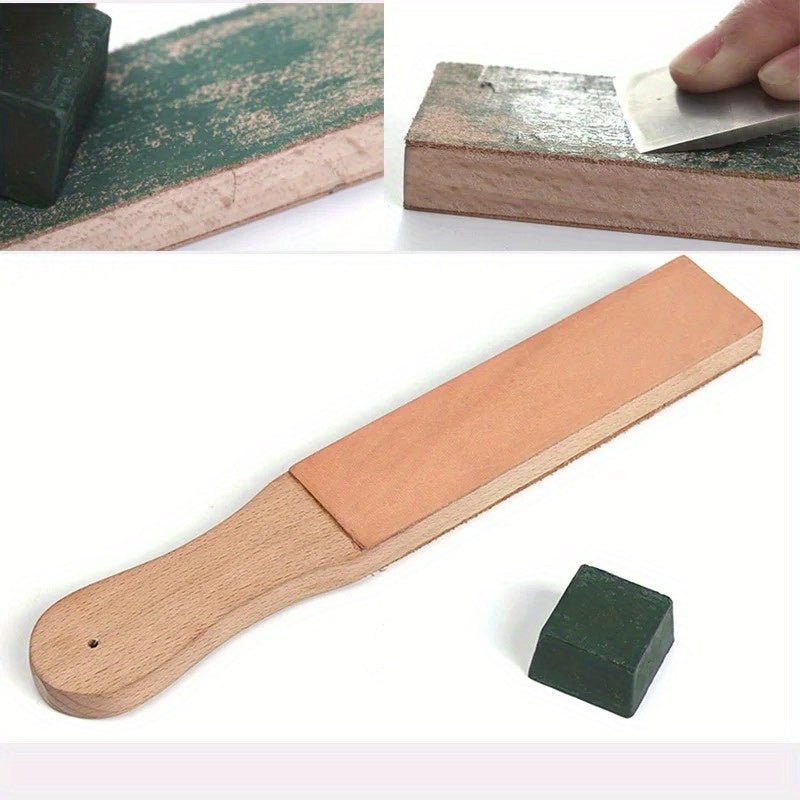 Leather strop with wooden handle, tan pad, and green compound block