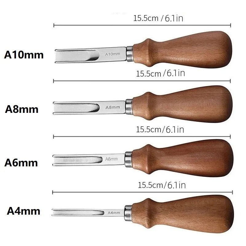 Leather edge beveler tool with A10mm, A8mm, A6mm, and A4mm head sizes