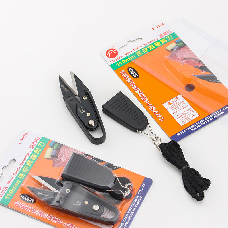 Thread snips set with black tool and black protective case, plus packaging