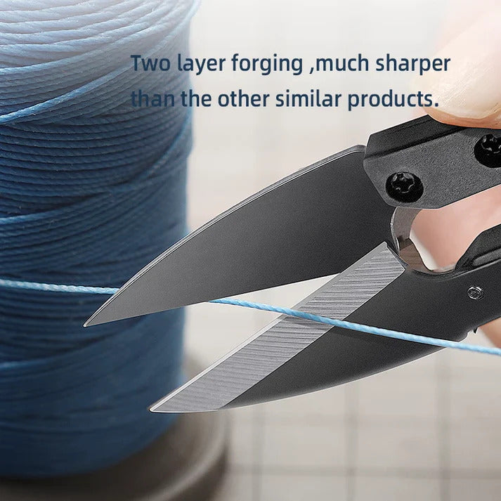 Thread cutter nippers cutting blue thread with black blades and loop handle