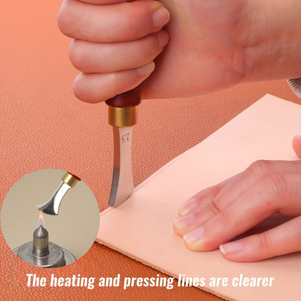 Leather edge creaser tool with wooden handle and brass collar pressing a tan leather edge